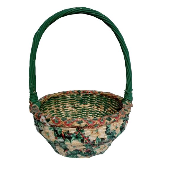 🎄🧺1980s Decoupage Wicker Basket Floral Red Green White Vintage Decor 💐 - Picture 11 of 16